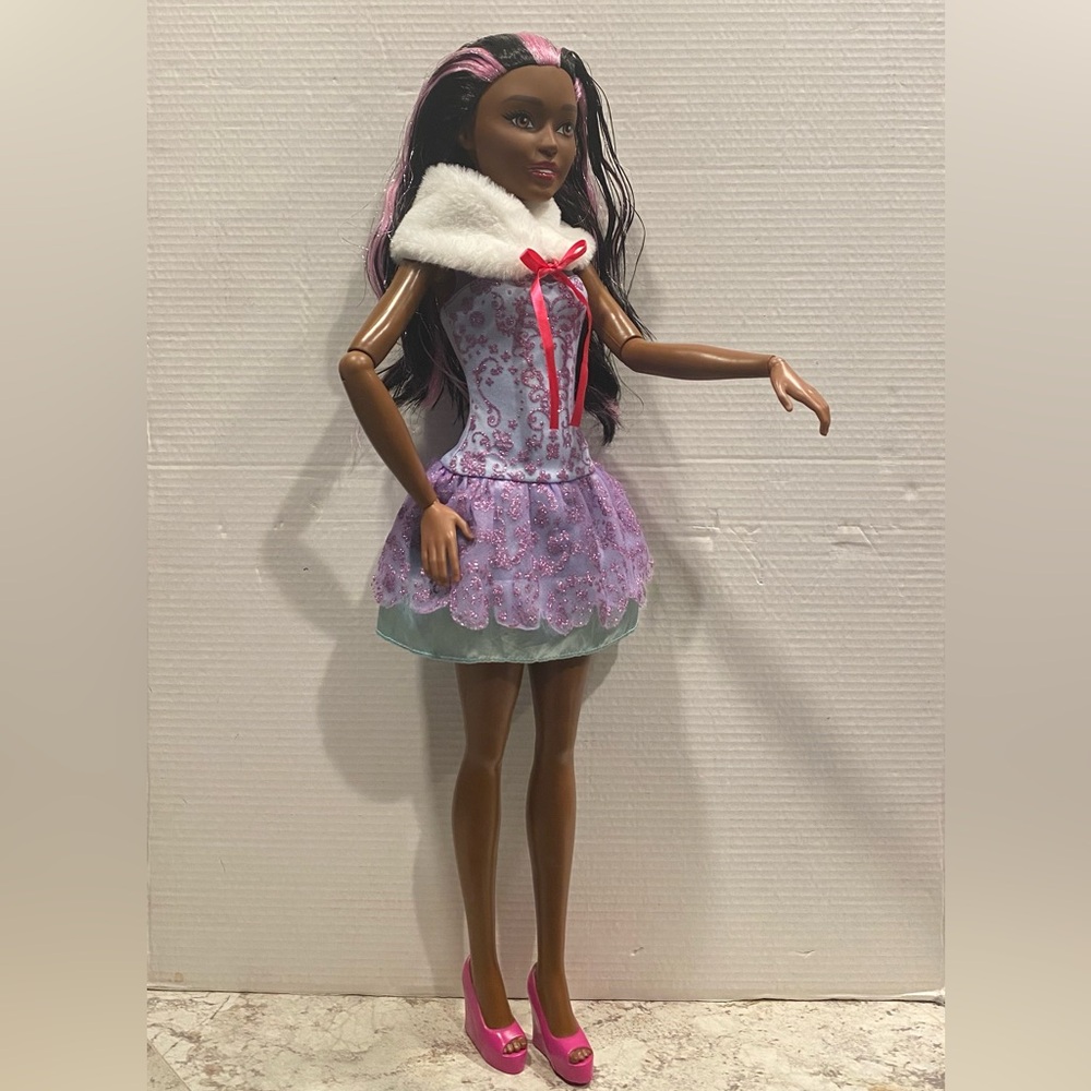 African American Poseable Barbie Doll With Brown and Pink Hair